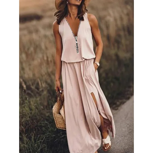 Sleeveless Zipper Slit Maxi Dress - Ootdyouth.com 