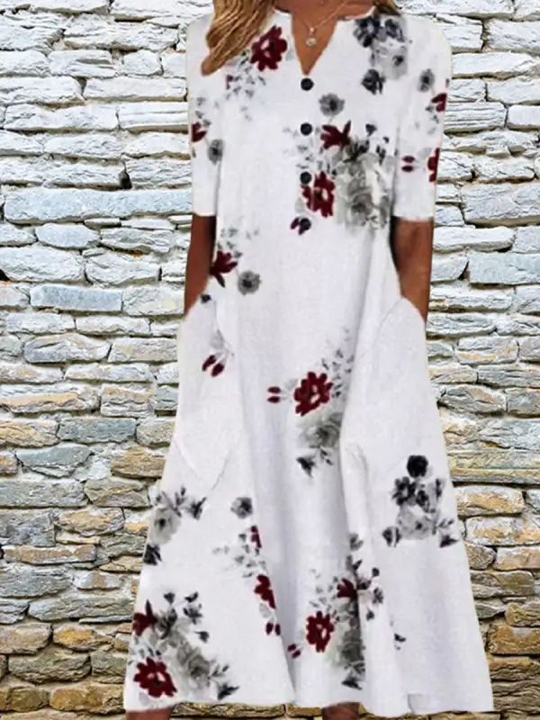 Printed Pocket V-neck Loose Casual Long Dress - Godeskplus.com 