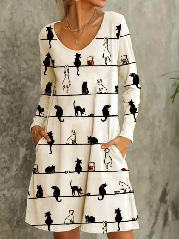 Cat Print Casual Long Sleeve Shift Dress - Ninacloak.com 