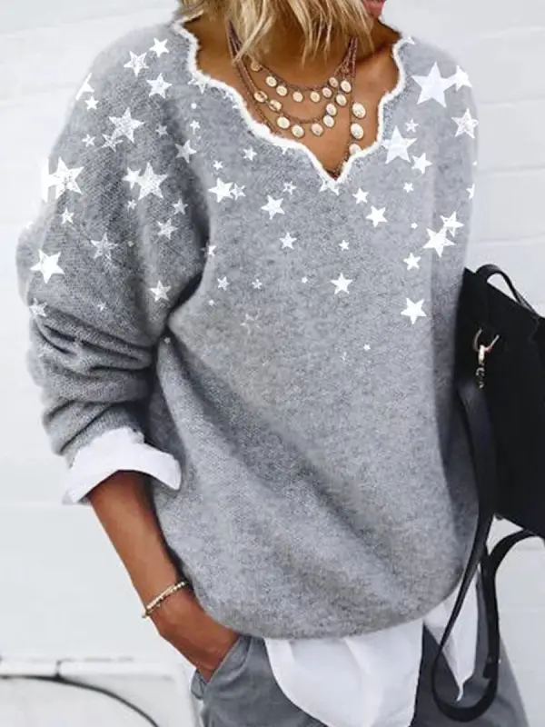 Fashion Star Pattern Lace V-neck Long Sleeve Casual Pullover - Godeskplus.chimpone.com 