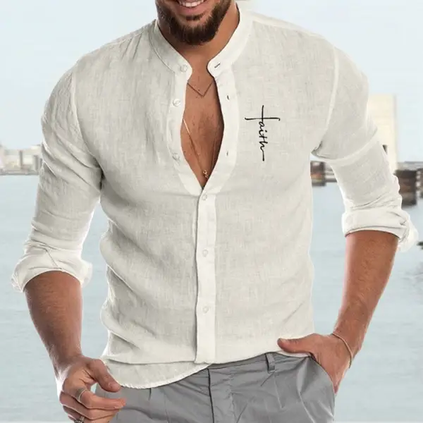Men's Cotton Linen Cardigan Stand Collar Long Sleeve Shirt - Wayrates.com 