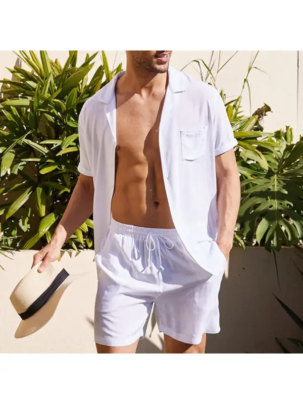 Men'S Loose Casual Cotton Linen Solid Color Shirt Shorts Suit - Viewbena.com 
