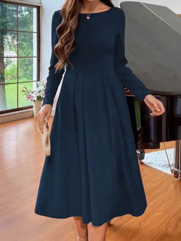Round Neck Casual Loose Solid Color Long Sleeve Midi Dress - Godeskplus.com 