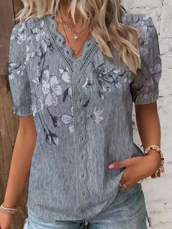 V-Neck Hollow Casual Loose Floral Print Short-Sleeved Blouse - Ninacloak.com 