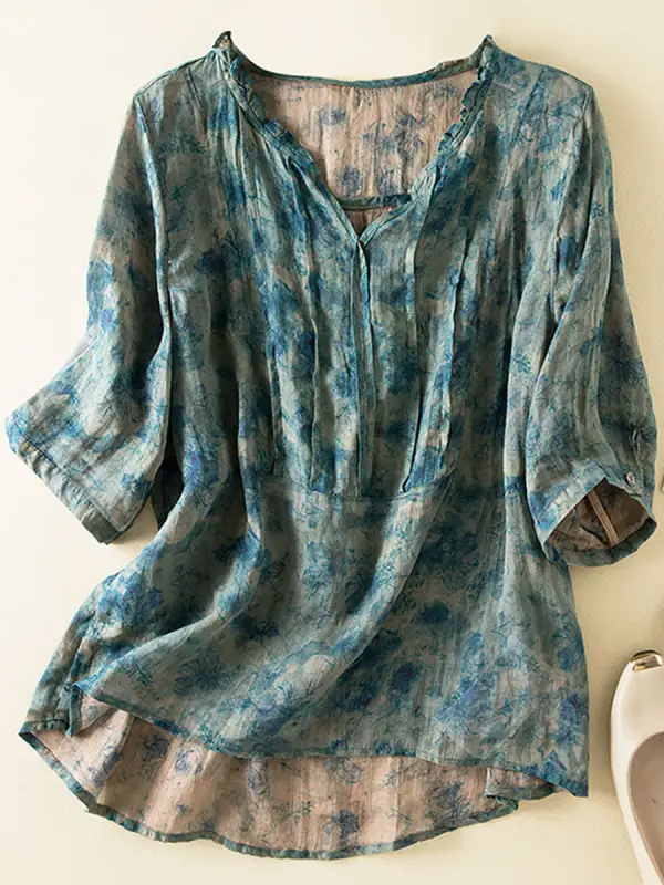 V-Neck Casual Loose Printed Cotton And Linen Short-Sleeved Blouse - Ninacloak.com 