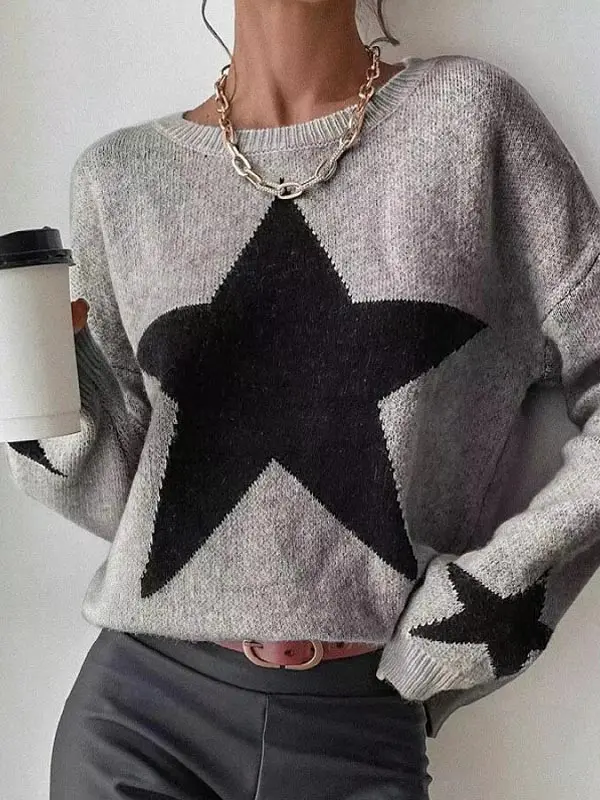 Crew-neck Star Graphic Knited Sweater Pullover - Realyiyishop.com 