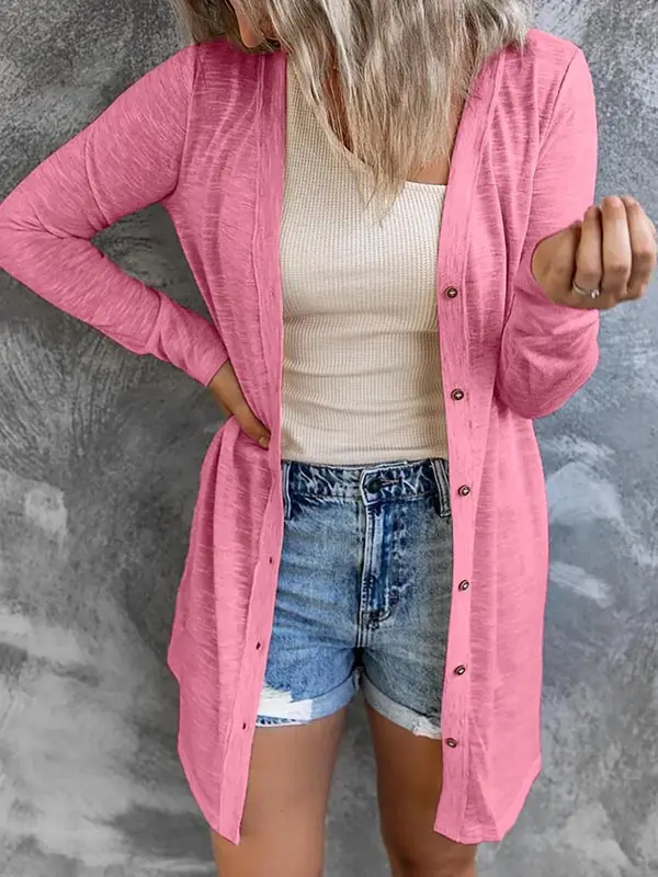 Long Button Solid Color Casual Long Sleeve Cardigan - Menwyx.com 
