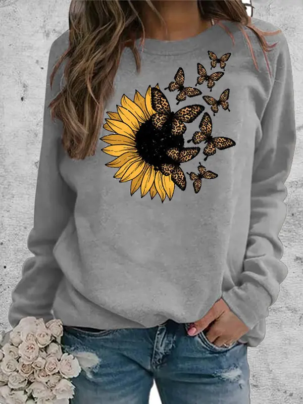 Women's Butterfly Sunflower Graphic Print Comfortable Soft Sweatshirt Tops - Ninacloak.com 