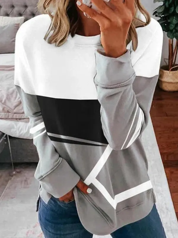 Geometric Color Block Print Casual Long-sleeved Sweatshirt - Ninacloak.com 