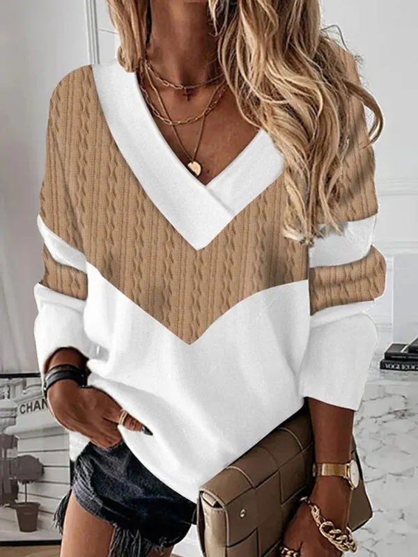 Casual Print Panel V-Neck Long Sleeve T-Shirt - Ninacloak.com 