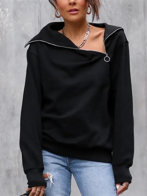 Women's Dark Fashion Loose Asymmetric Casual Solid Color Sweatshirt - Realyiyi.com 