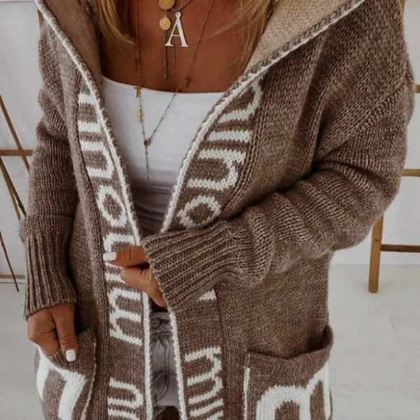 Women's Letter Print Loose Mid-length Knitted Cardigan Hooded Coat - Elementnice.com 
