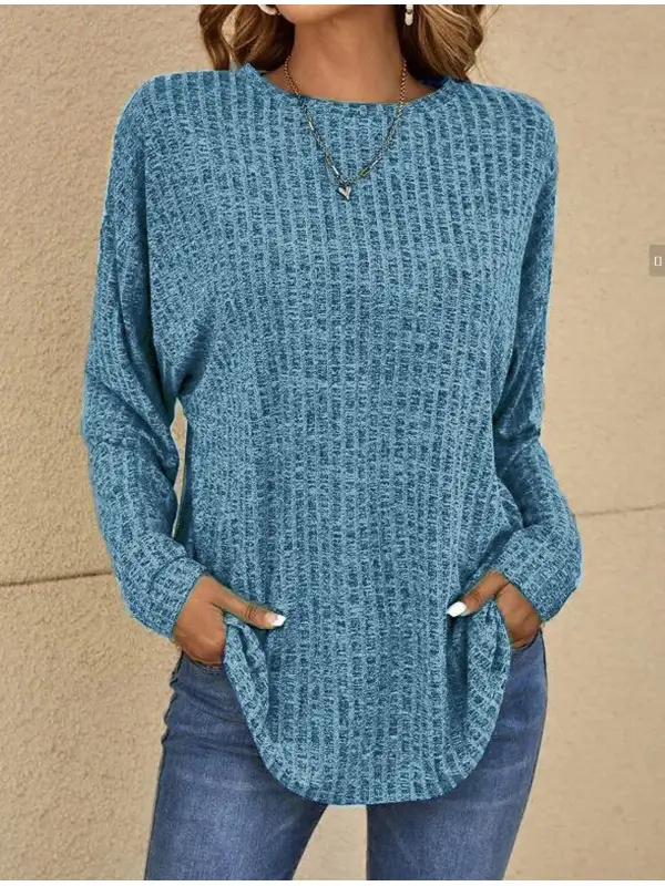 Women's Solid Color Knitted Casual Round Neck Long Sleeve Top - Ninacloak.com 