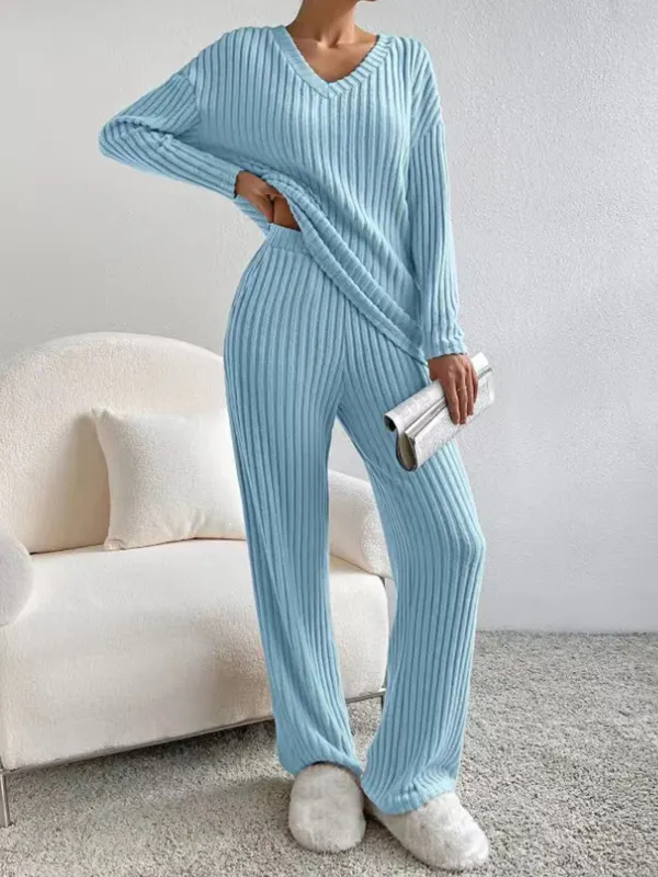 Women's Solid Color Straight Pants Loose V-neck Pit Strip Knitted Suit - Viewbena.com 