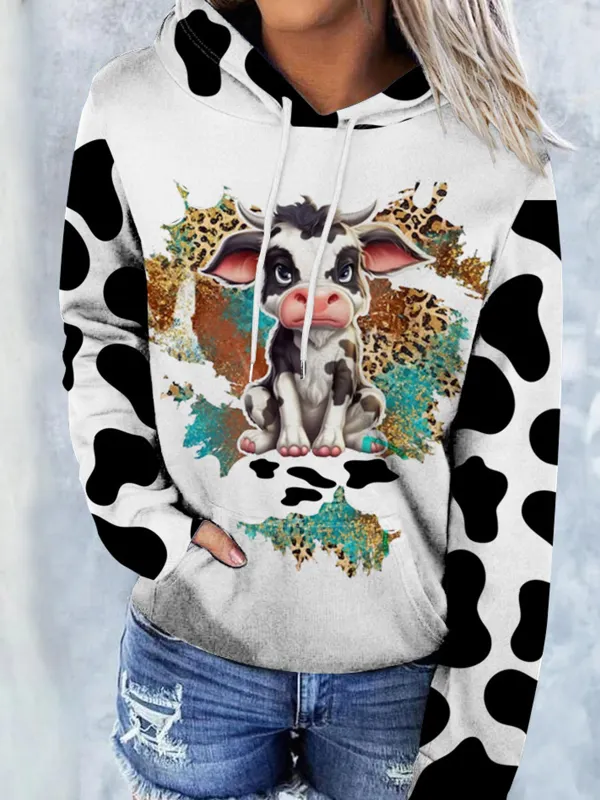 Women's Cute Cow Color Block Print Hooded Sweatshirt - Ninacloak.com 