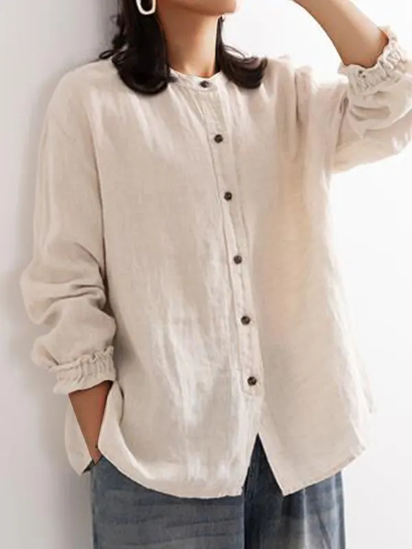 Women's Vintage Cotton And Linen Button-down Crew Neck Shirt - Ninacloak.com 