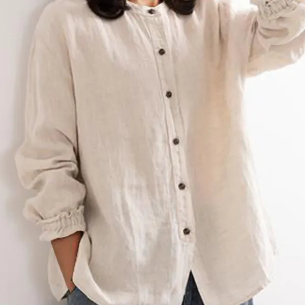Women's Vintage Cotton And Linen Button-down Crew Neck Shirt - Elementnice.com 