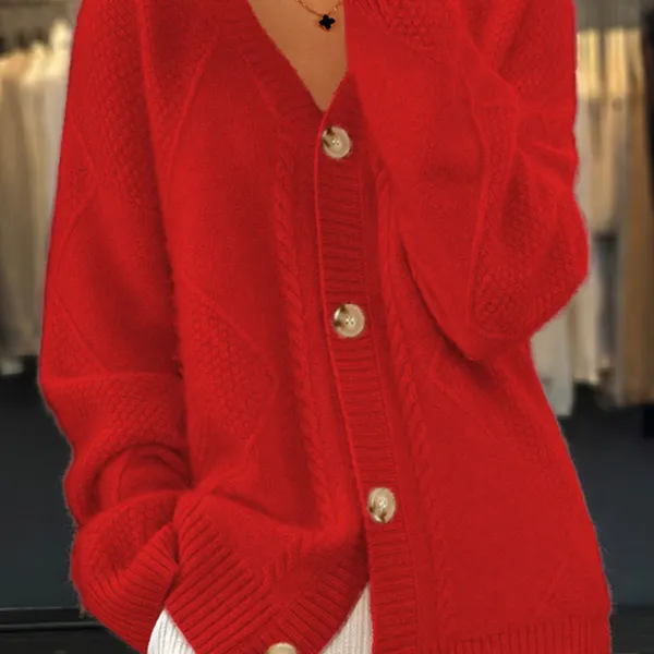 Women's Solid Color V-neck Knitted Cardigan Jacquard Sweater Jacket - Cotosen.com 