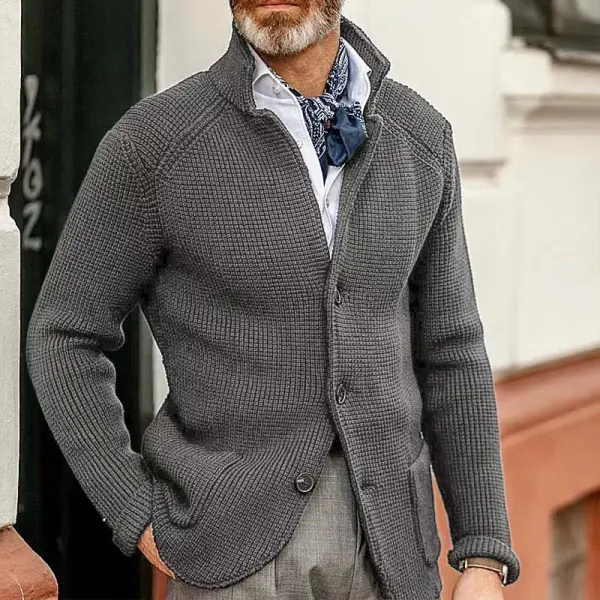 Men's Casual Stand Collar Thick Knit Suit Jacket - Burstarsunshine.com 