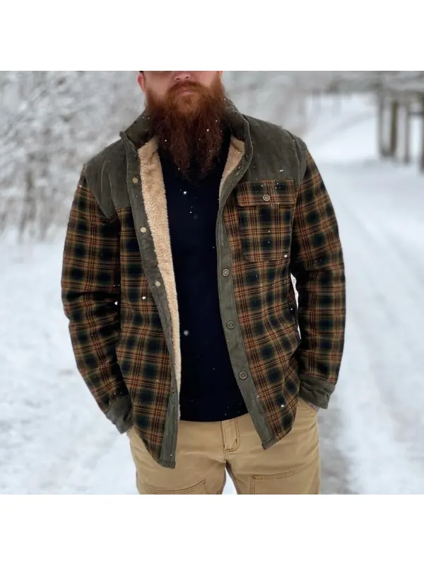 Men's Retro Check Pattern Stitching Warm Wanderer Jacket - Ninacloak.com 