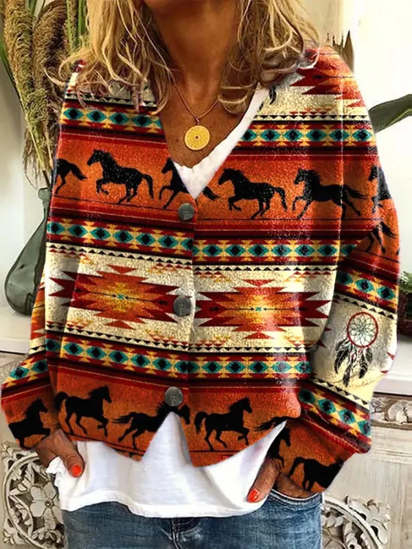 Women's Western Horse Dream Catcher Plush Cardigan - Pragmaace.com 