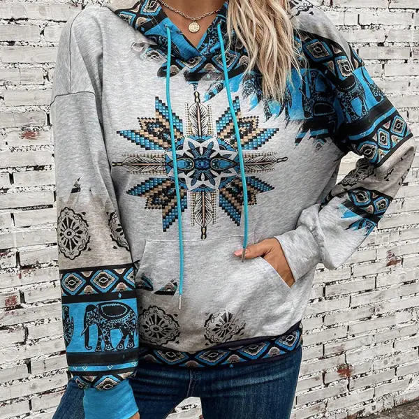 Women's Western Ethnic Print Color Block Hooded Sweatshirt - Cotosen.com 