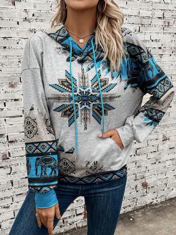 Women's Western Ethnic Print Color Block Hooded Sweatshirt - Pragmaace.com 