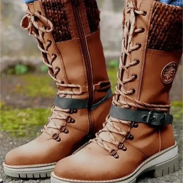 Women's Outdoor Casual Color Block Snow Boots Mid-calf Thick Heel Boots - Elementnice.com 