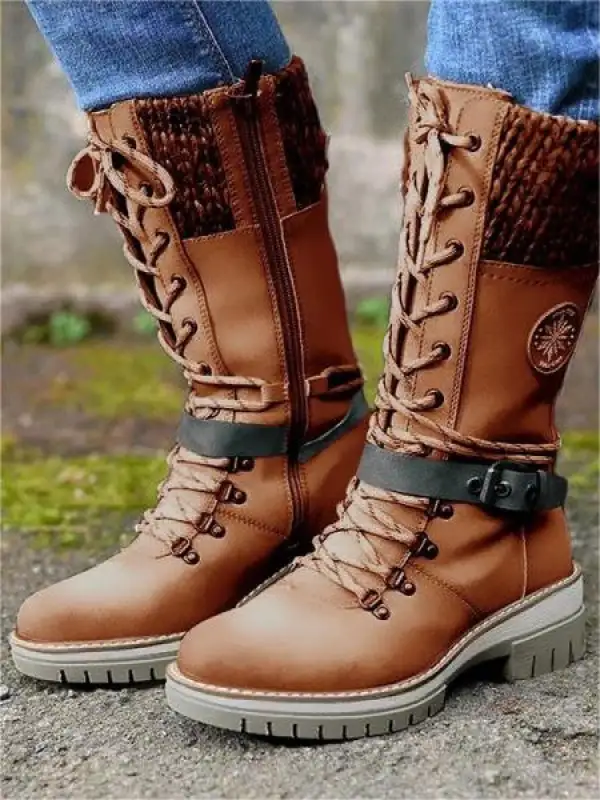 Women's Outdoor Casual Color Block Snow Boots Mid-calf Thick Heel Boots - Pragmaace.com 