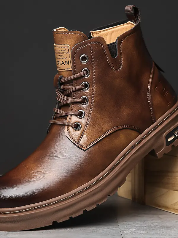 Men's High Top British Style Leather Shoes Rider Motorcycle Snow Boots - Wantbright.com 