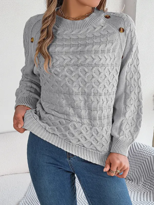 Women's Solid Color Twist Button Lantern Sleeve Pullover Sweater - Menwyx.com 