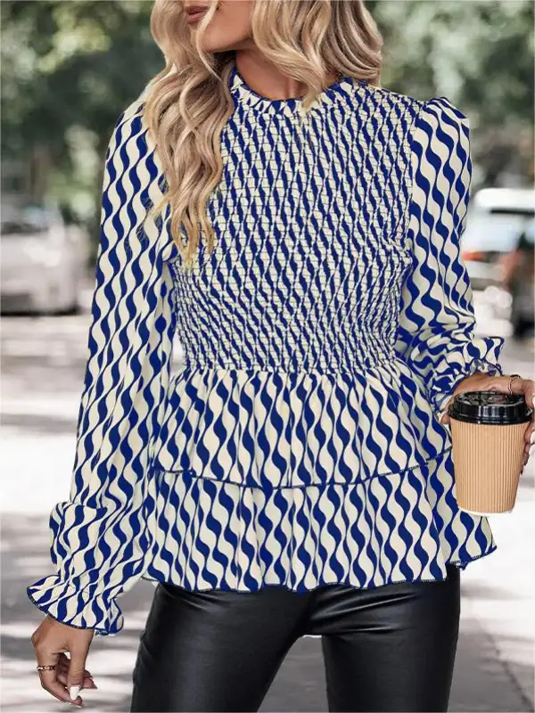 Women's Retro Black And White Striped Blouse Bell Sleeve Temperament Blouses - Ninacloak.com 