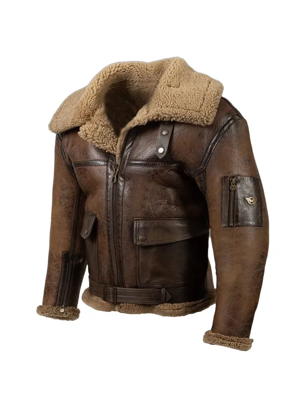 Men Vintage Distressed Real Fur RAF B3 Bomber Genuine Sheepskin Leather Jacket - Ninacloak.com 