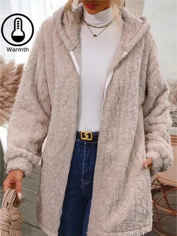 Women's Casual Coral Warm Velvet Hooded Zipper Mid-length Sweatshirt Coat - Pragmaace.com 