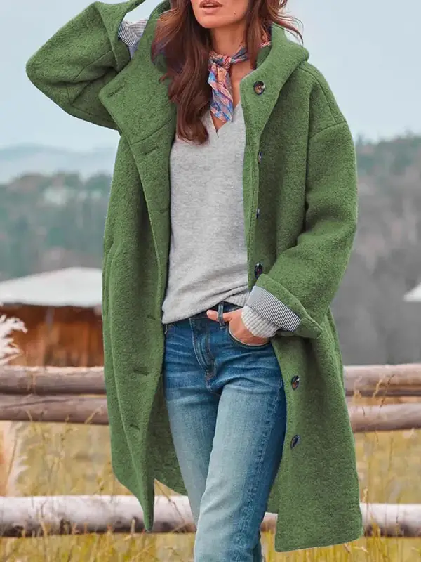 Casual Loose Solid Color Hooded Single-breasted Woolen Coat - Ninacloak.com 