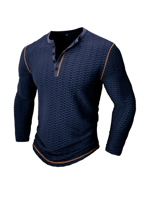 Men's Pit Strip Fabric Casual Color Block Breathable Long Sleeve T-Shirt Henley Tops - Ninacloak.com 