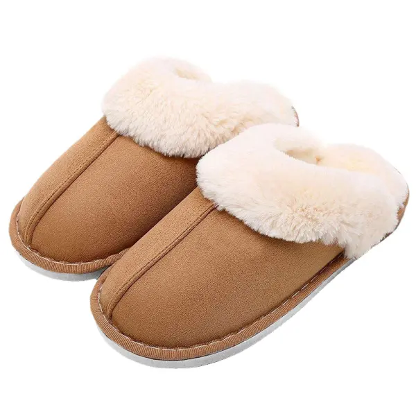 Women's Faux Fur Slippers Fleece Lined Suede Leather Pull On Round Toe Casual Cotton Slippers - Elementnice.com 