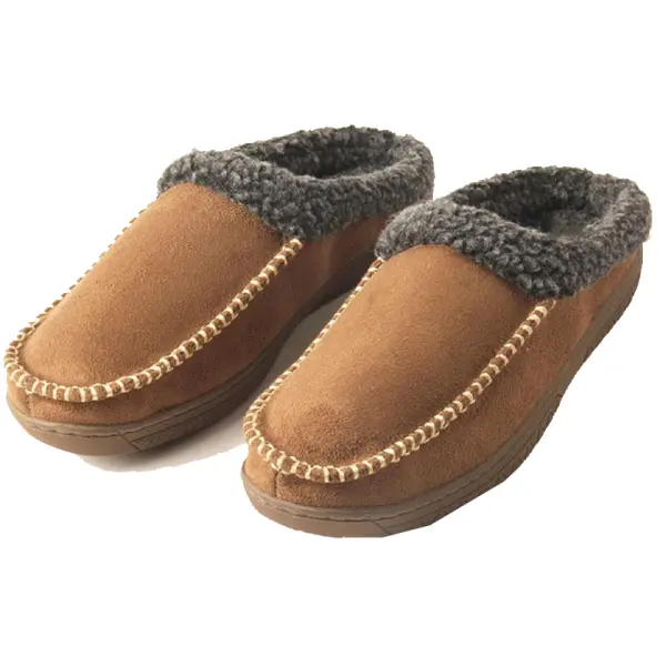 Men's Faux Fur Slippers Fleece Lined Suede Leather Pull On Round Toe Casual Cotton Slippers - Elementnice.com 