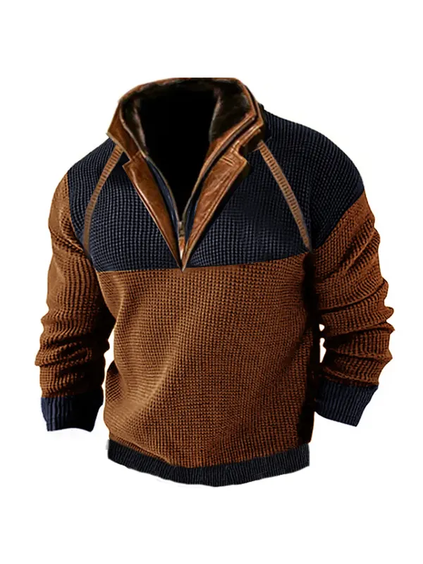 Men's Outdoor Casual Zip Polo Sweater Sweatshirt Double Layer Stand Collar Long Sleeve Vintage Contrast Tactical Thic - Ninacloak.com 
