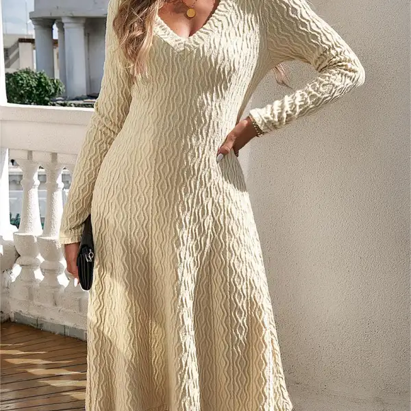 Women's Elegant V-neck Long-sleeved Knitted Dress - Elementnice.com 