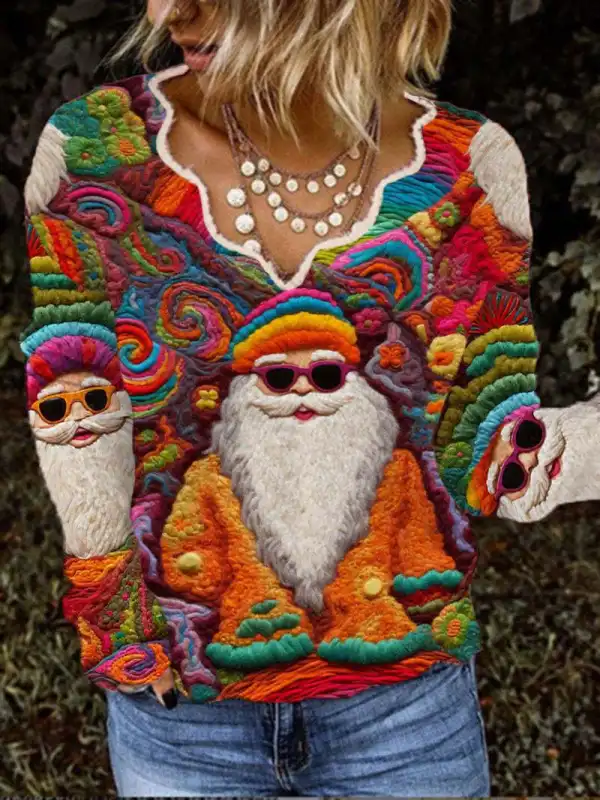 Women's Santa Print Wave Neck Long Sleeve Top Christmas Sweater - Ninacloak.com 