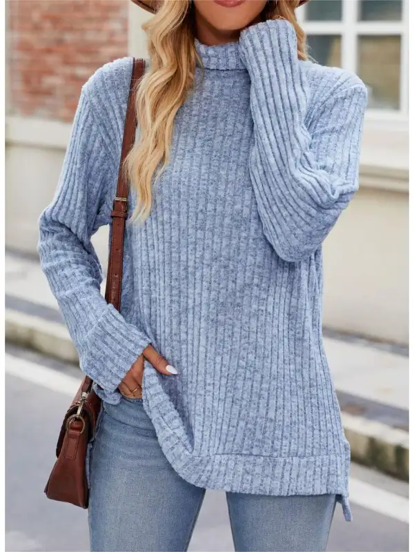 Women's Casual High Neck Loose Long Sleeve Slit T-Shirt Top - Realyiyishop.com 