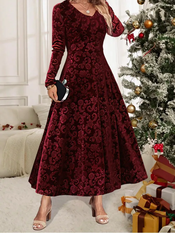 Women's Plus Size Velvet Party Midi Dress Long Sleeve Floral Jacquard Dress Christmas Wedding - Ninacloak.com 
