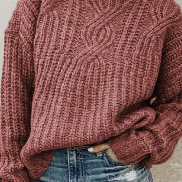 High Collar Plain Long Sleeve Knit Pullover - Leanarea.chimpone.com 