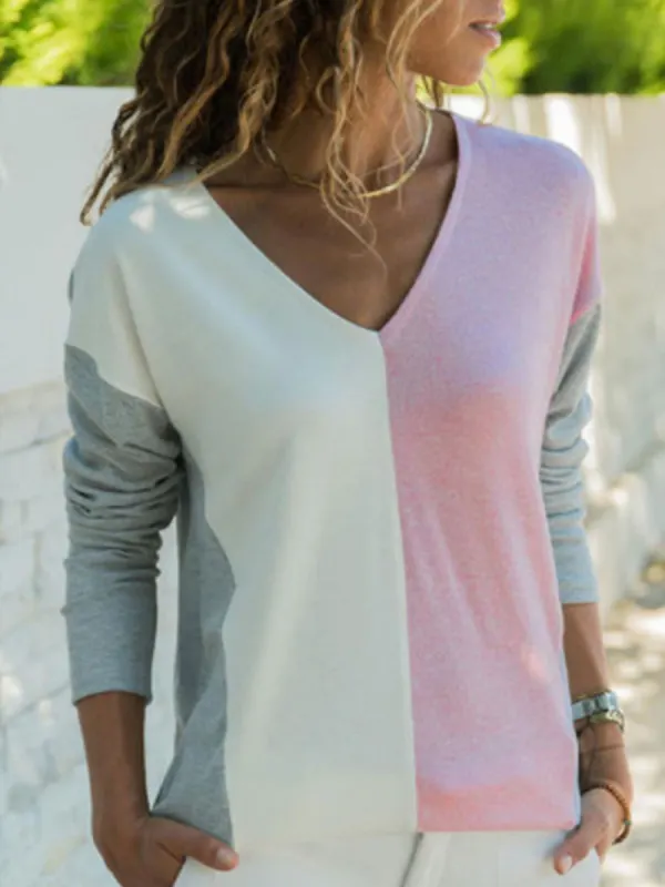 V Neck  Color Block T-Shirts - Charmwish.chimpone.com 