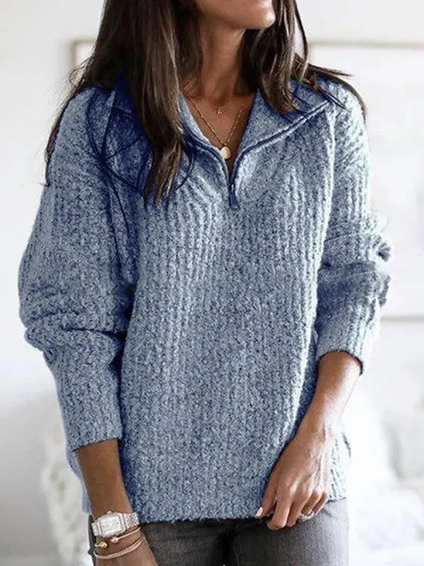 Women Casual Zipper Sweater V Neck Plus Size Long Sleeve Pullover - Charmwish.chimpone.com 