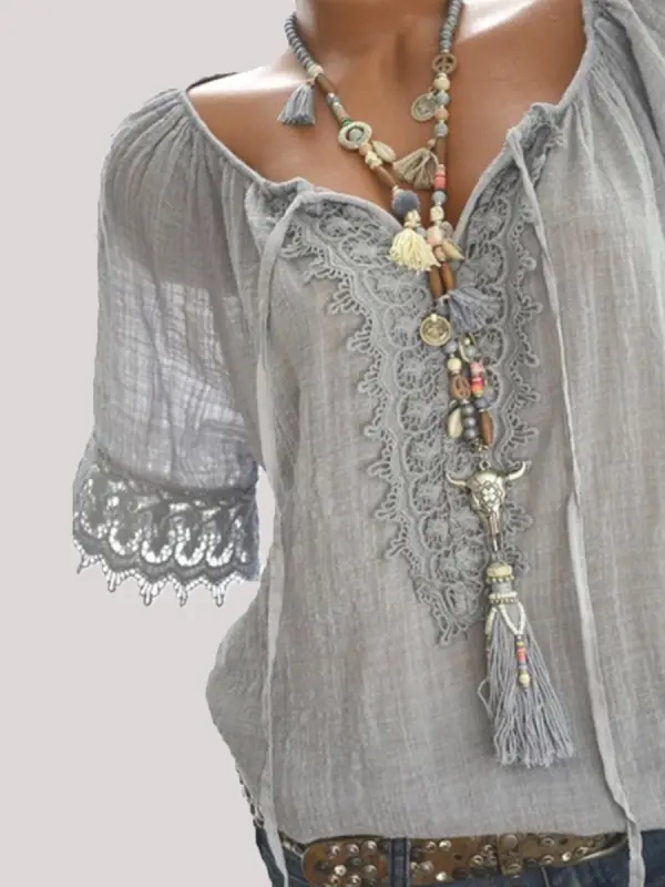 Spring Summer  Polyester  Women  Tie Collar  Decorative Lace  Plain  Short Sleeve Blouses - Charmwish.chimpone.com 