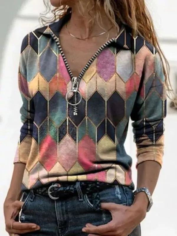 Lapel Long Sleeve Printed Zip T-shirt - Charmwish.chimpone.com 