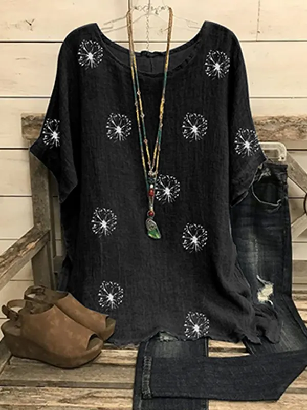 Round Neck Flower Print Loose Fitting Short Sleeve Linen T-shirt - Charmwish.chimpone.com 