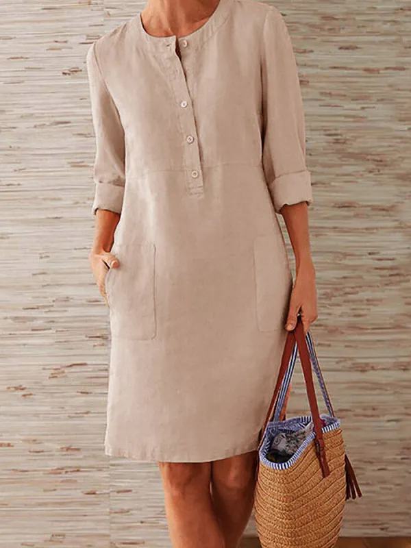 Round Neck Vintage Long Sleeve Cotton Linen Mini Dress - Charmwish.chimpone.com 
